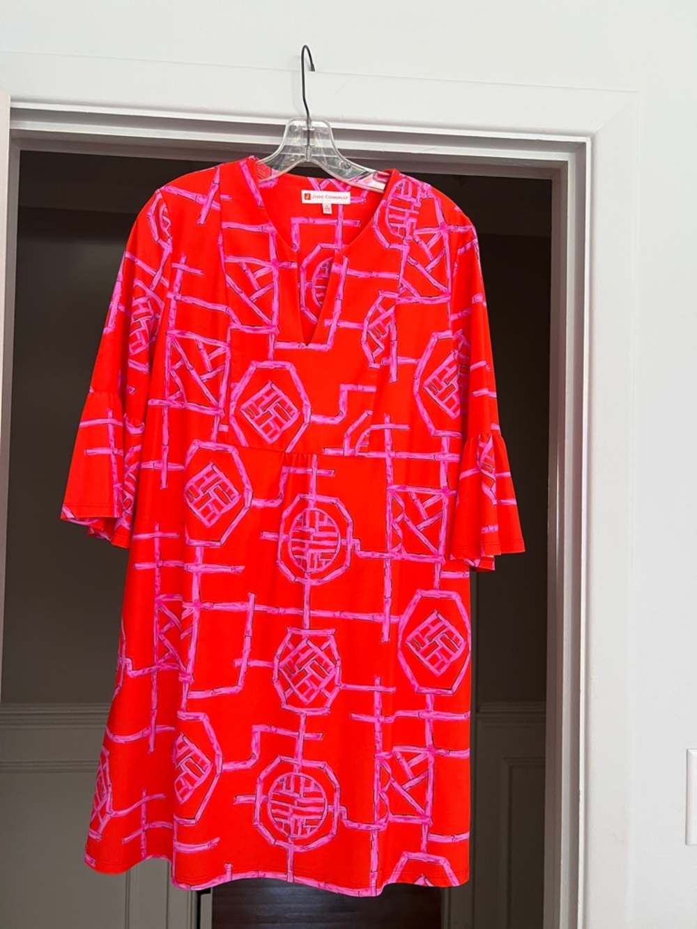 Jude Connally Red Dress with Pink Geometric Print